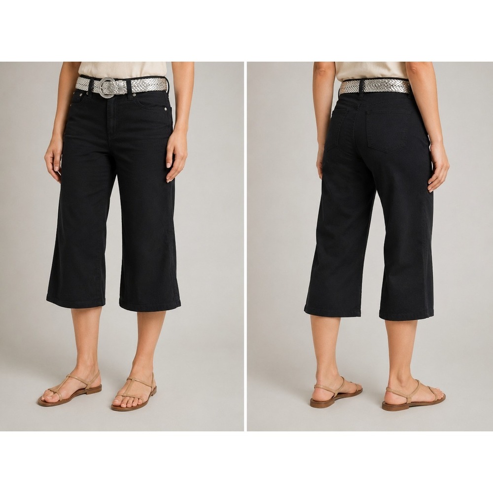 Zoey Beth Womens Black Denim Capris Cropped Wide Leg Casual Pants Silver Belt S